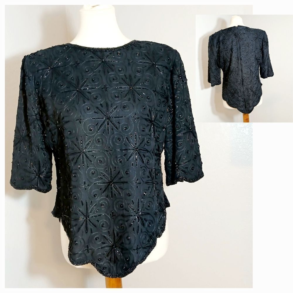 Praise Hymn Vtg Black Embellished Blouse Size M
